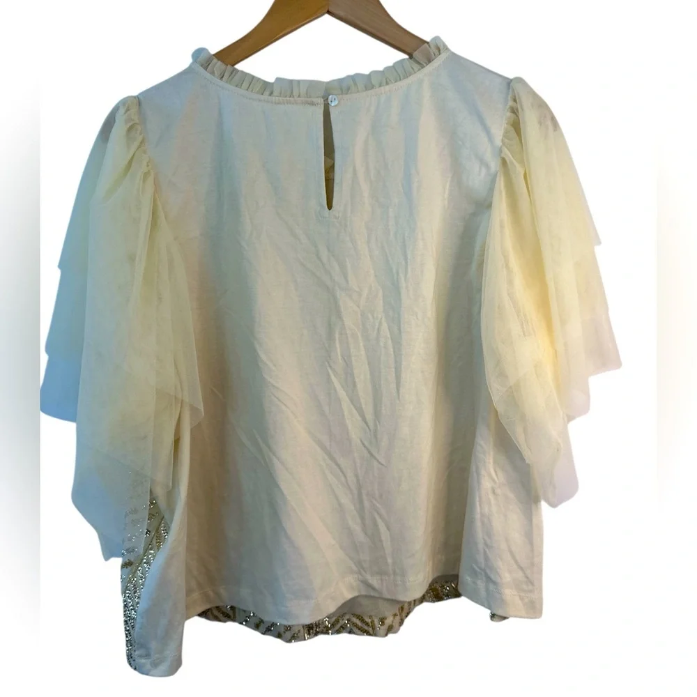 Anthropologie Gold and Cream Embellished Puff-Sleeve Blouse